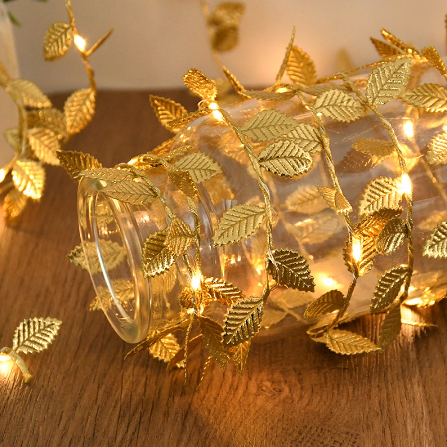 Outdoor Lighting Wedding Decor - ゴールデンリーフラタン銅線ストリングフェアリーライト電池式、クリスマス結婚式誕生日バルコニー屋内屋外パーティーデコレーション
