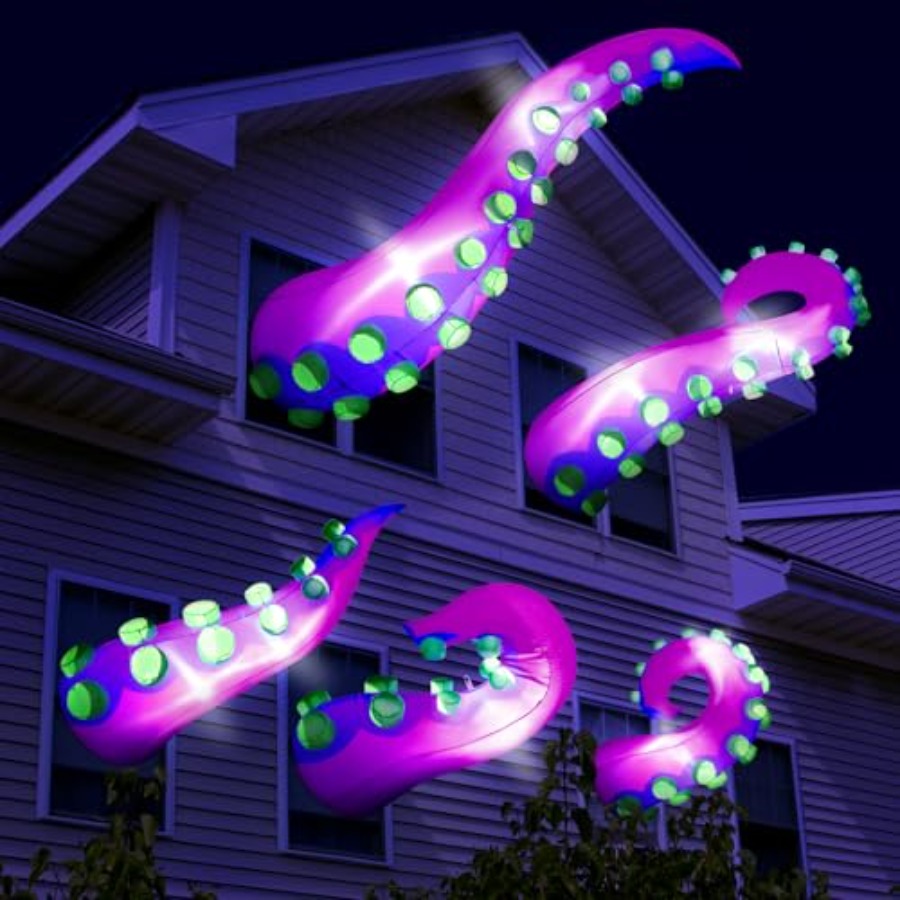 Outdoor Lighting Wedding Decor - ハロウィンの窓飾り、屋外の庭や芝生のガーデンパーティー用、膨張式ライトアップ巨大タコ触手、PVC素材、黒色。