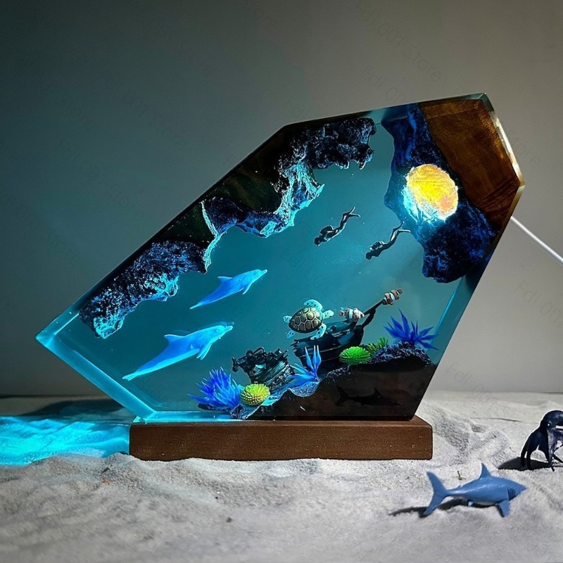イルカと亀の樹脂製ナイトライト、カップルダイバーが水中世界を - Unique Lighting Decor のレビューと価格